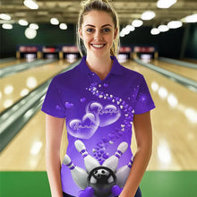 Load image into Gallery viewer, Purple Heart Theme Custom Valentines Bowling Polo Shirts For Women, Couple Bowling Shirt IPHW8346