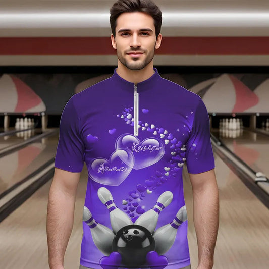 Purple Heart Theme Custom Valentines Bowling Quarter-Zip Shirts For Men, Couple Bowling Shirt IPHW8346