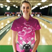 Load image into Gallery viewer, Pink Heart Theme Custom Valentines Bowling Polo Shirts For Women, Couple Bowling Shirt IPHW8347