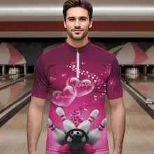 Load image into Gallery viewer, Pink Heart Theme Custom Valentines Bowling Quarter-Zip Shirts For Men, Couple Bowling Shirt IPHW8347