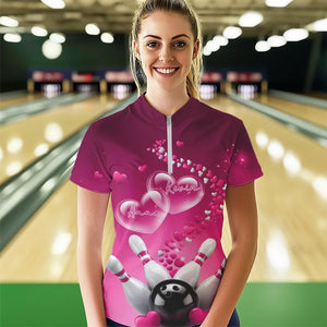 Pink Heart Theme Custom Valentines Bowling Womens Quarter-Zip Shirt, Couple Bowling Shirt IPHW8347