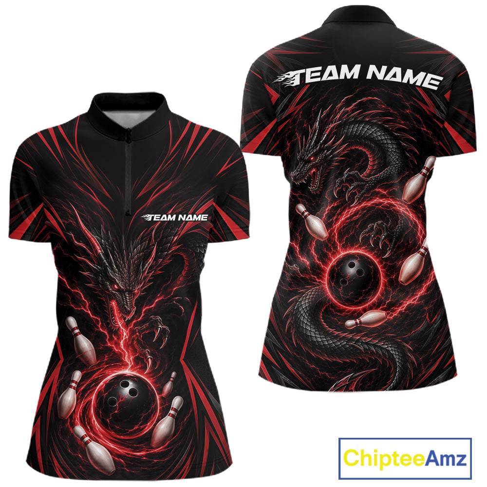 Front and back views of a women's short-sleeve athletic jersey in black with a red and dark gray dragon design wrapping around bowling balls and pins, with 'TEAM NAME' printed on the chest and back. A ChipteeAmz logo appears in the bottom right corner.
