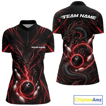 Front and back views of a women's short-sleeve athletic jersey in black with a red and dark gray dragon design wrapping around bowling balls and pins, with 'TEAM NAME' printed on the chest and back. A ChipteeAmz logo appears in the bottom right corner.