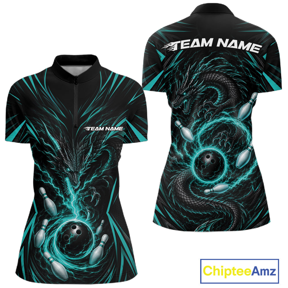 Front and back views of a women's short-sleeve athletic jersey with a black base and a glowing teal bowling-themed dragon graphic. The jersey features bowling balls, bowling pins, and the customizable text 'TEAM NAME' on the chest and back.