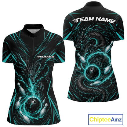 Front and back views of a women's short-sleeve athletic jersey with a black base and a glowing teal bowling-themed dragon graphic. The jersey features bowling balls, bowling pins, and the customizable text 'TEAM NAME' on the chest and back.