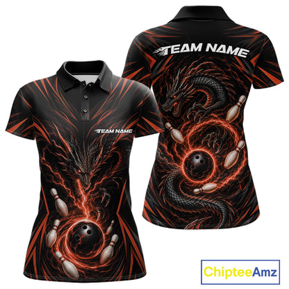 A women's short-sleeve polo shirt shown from the front and back on a white background. The shirt features a black base with a fiery red and orange dragon design intertwined with bowling balls and pins, plus white 'TEAM NAME' text across the chest and back.