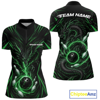 Front and back views of a womens short-sleeve athletic jersey with a black base and vivid green neon-style bowling graphic, including bowling balls, pins, and a dragon motif. The back shows 'TEAM NAME' text across the shoulders