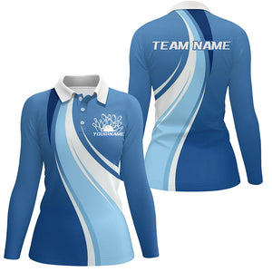 White And Blue Custom Bowling Team Shirts For Women, Bowling League Shirt Bowlers Uniform IPHW7916