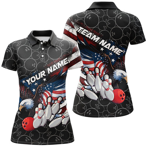 American Flag Eagle Custom Patriotic US Flag Ladies Bowling Shirts, Black Bowling Uniform IPHW7922