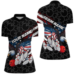 American Flag Eagle Custom Patriotic US Flag Ladies Bowling Shirts, Black Bowling Uniform IPHW7922