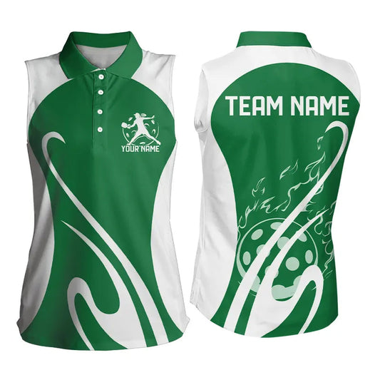Custom Green Pickleball Women's Sleeveless Polo Shirts, Flame Pickleball Tournament Team Shirt IPHW8117