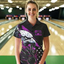 Load image into Gallery viewer, Black And Purple American Flag Eagle Custom Patriotic Flame Bowling Team Women Polo Shirts IPHW8850
