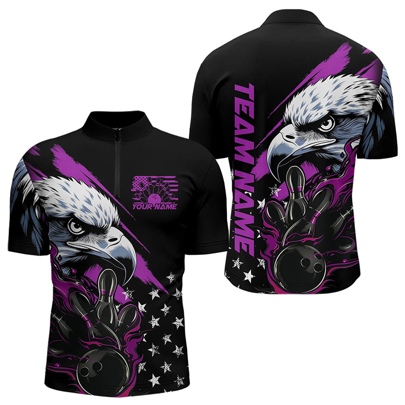 Black And Purple American Flag Eagle Custom Patriotic Flame Bowling Team Men Quarter-Zip Shirts IPHW8850