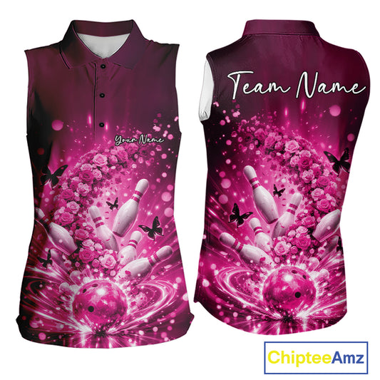Custom Elegant Pink Roses And Butterfly Women Bowling Shirt, Flower Bowling League Shirt IPHW10928