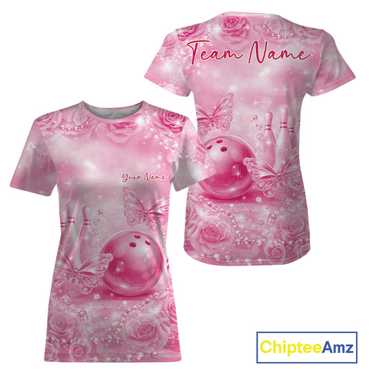 Custom Elegant Pink Roses And Butterfly Women Bowling T-Shirts, Ladies Outfit IPHW10941