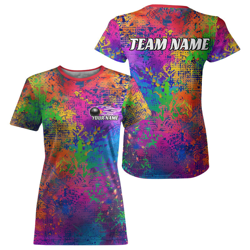 Custom Rainbow Colorful Bowling T-Shirts For Women, Bowling Team IPHW6788