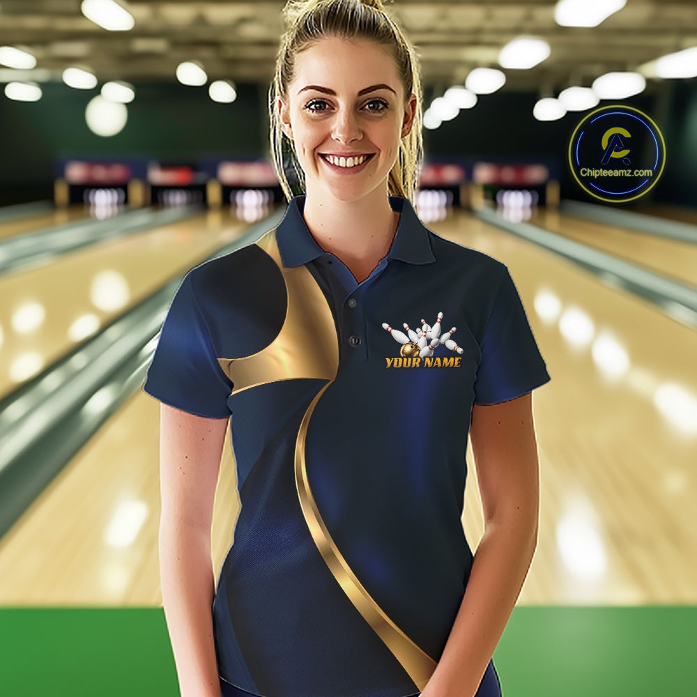 Custom Blue And Gold Women Polo Bowling Team Shirt, Bowling League Shirt IPHW11609