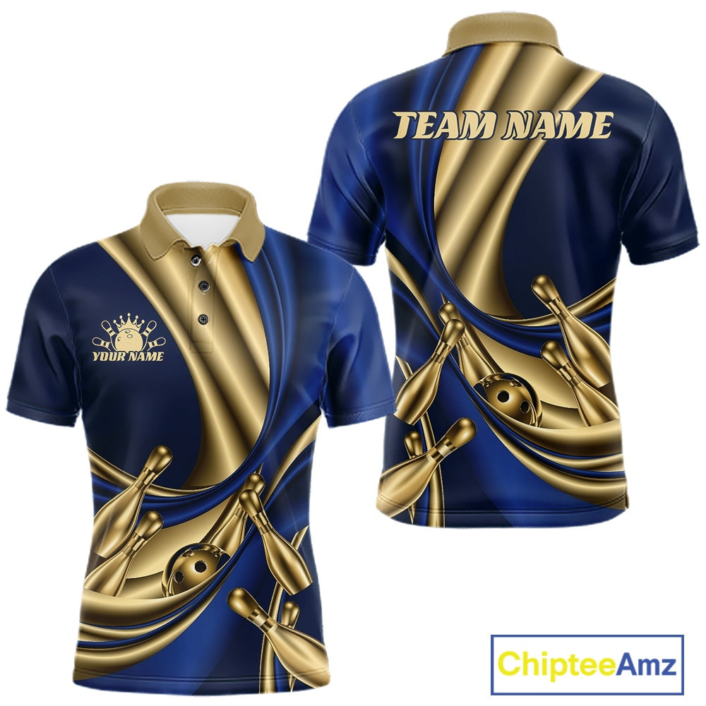 Custom Blue And Gold Curves With Golden Bowling Ball And Pins Men Polo Shirt IPHW11614