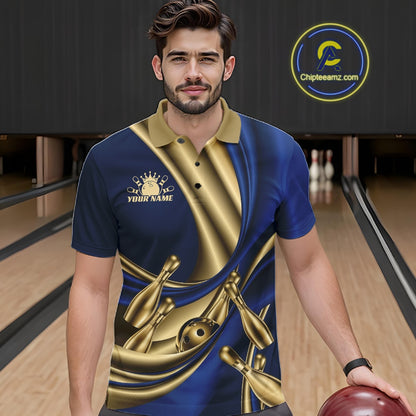 Custom Blue And Gold Curves With Golden Bowling Ball And Pins Men Polo Shirt IPHW11614