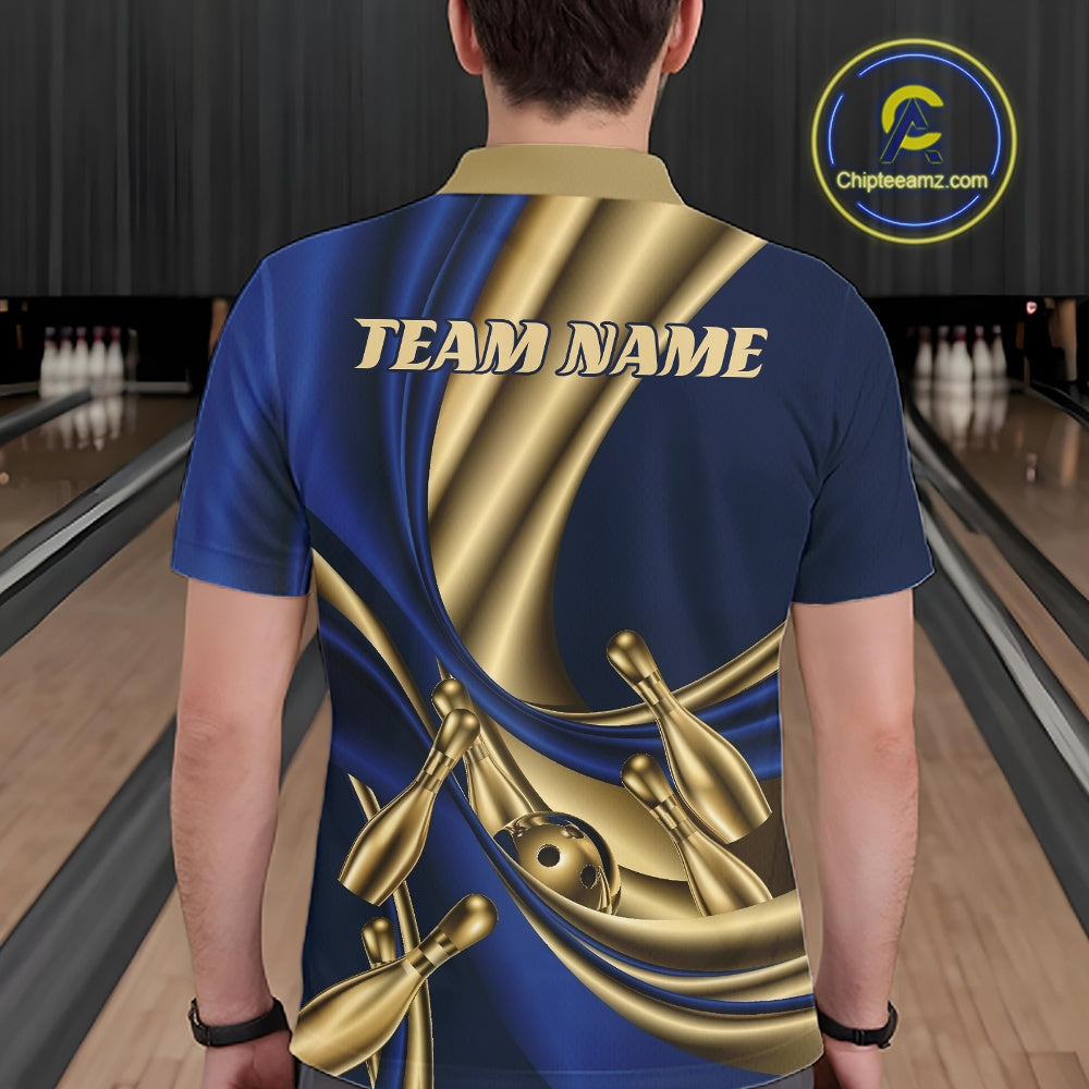 A person viewed from behind wearing a short-sleeve custom bowling shirt with a blue and gold abstract design, bowling pins, and the text 'TEAM NAME' on the back. Bowling lanes are visible in the background, and a circular 'Chipteeamz.