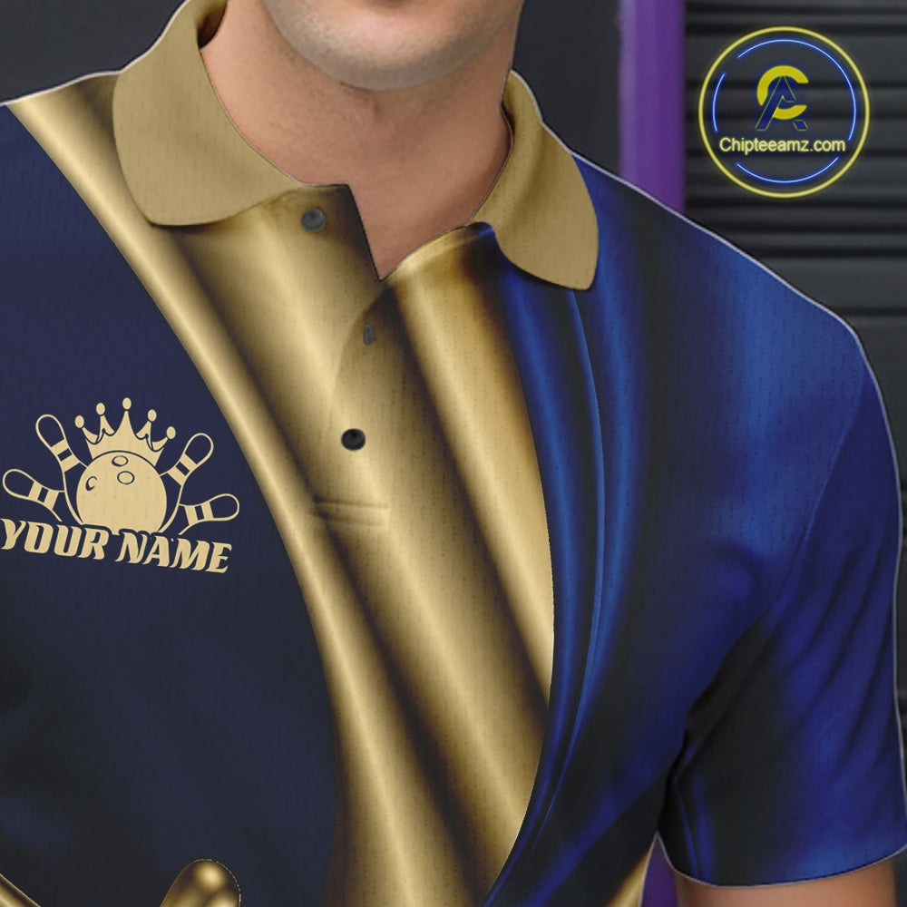 A close-up of a man wearing a short-sleeve polo shirt with a metallic gold and royal blue color-blocked design. The left side of the shirt is dark blue with a gold bowling pins and bowling ball graphic above the text 'YOUR NAME', suggesting a customizable print-on-demand product.
