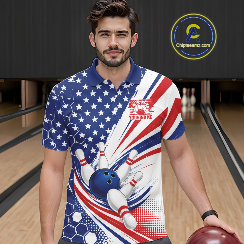 A man wearing a patriotic bowling-themed polo shirt with a blue, red, and white American flag design, standing in a bowling alley holding a bowling ball.