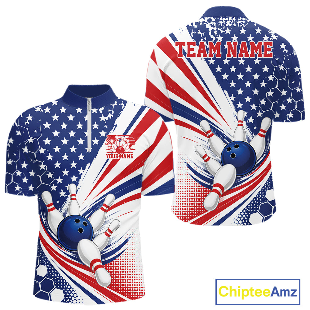 Front and back views of a short-sleeve bowling-themed quarter zip shirt with a patriotic American flag design in red, white, and blue, featuring bowling balls and pins, customizable text, and a ChipteeAmz logo on a white background.