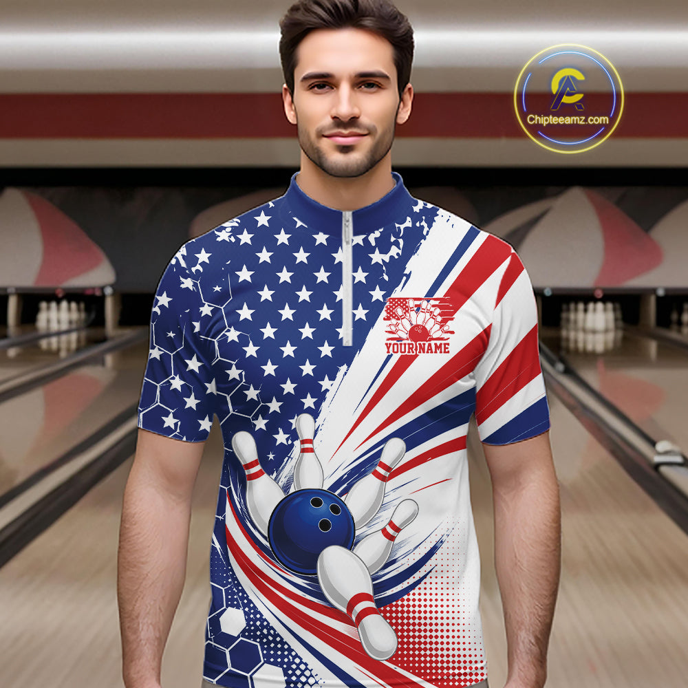 A man wearing a short-sleeve bowling-themed quarter-zip shirt with a patriotic American flag design in blue, white, and red, featuring bowling pins and a bowling ball graphic.