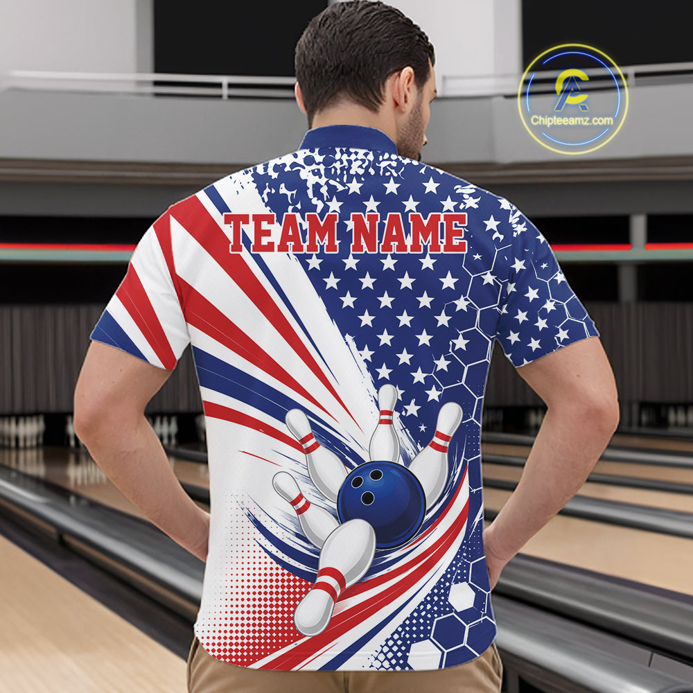 A man viewed from behind wearing a short-sleeve bowling quarter zip with a patriotic red, white, and blue design featuring stars, stripes, bowling pins, and a bowling ball. The shirt has 'TEAM NAME' printed across the upper back.