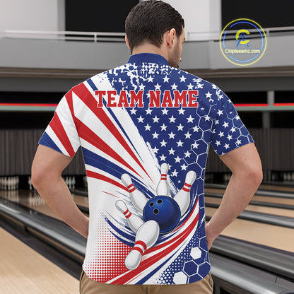 A man viewed from behind wearing a short-sleeve bowling quarter zip with a patriotic red, white, and blue design featuring stars, stripes, bowling pins, and a bowling ball. The shirt has 'TEAM NAME' printed across the upper back.