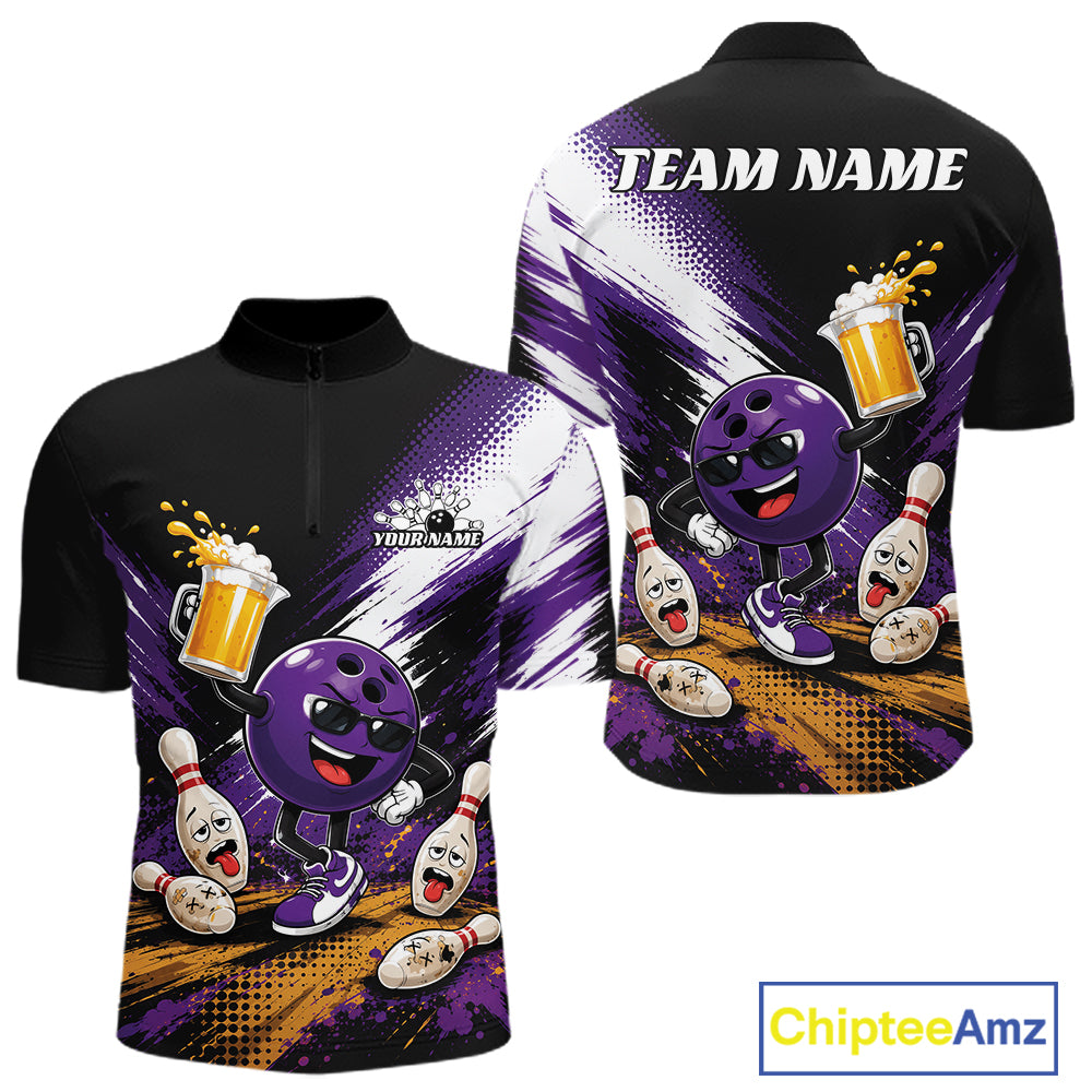 Black short-sleeve bowling-themed quarter-zip shirt shown from front and back on a white background. The front has a purple cartoon bowling ball character with beer mugs and bowling pins, plus a small visible 'YOURNAME' placeholder.