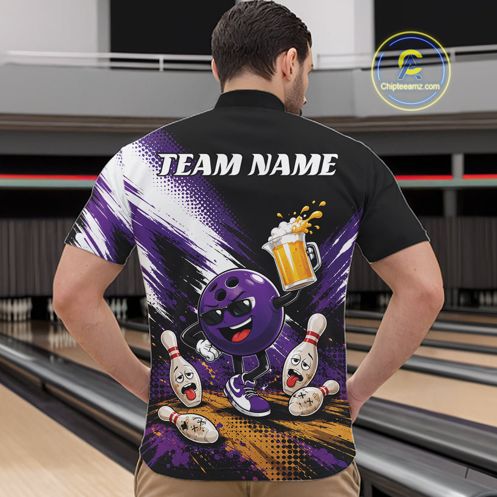 A man viewed from behind wearing a custom bowling-themed short-sleeve quarter zip shirt with a black collar and shoulders, transitioning into a purple, white, and black graphic design featuring a cartoon bowling ball and pins. The text 'TEAM NAME' is printed across the upper back.