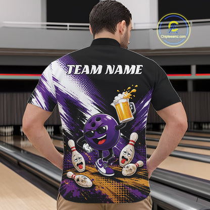 A man viewed from behind wearing a custom bowling-themed short-sleeve quarter zip shirt with a black collar and shoulders, transitioning into a purple, white, and black graphic design featuring a cartoon bowling ball and pins. The text 'TEAM NAME' is printed across the upper back.