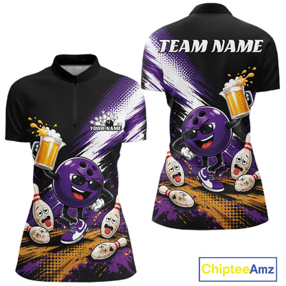 Front and back views of a custom short-sleeve quarter zip shirt featuring a black and purple bowling quarter zip polo shirt with a cartoon bowling ball, bowling pins, and beer mugs on a black, purple, and white background. The back view has a placeholder for 'TEAM NAME'.