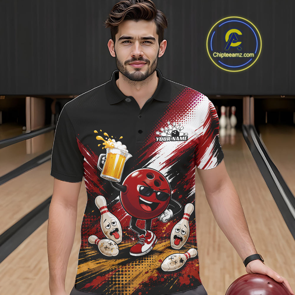 A man wearing a black short-sleeve polo shirt with a bold bowling-themed graphic print featuring a red bowling ball character, pins, beer, and a customizable name 