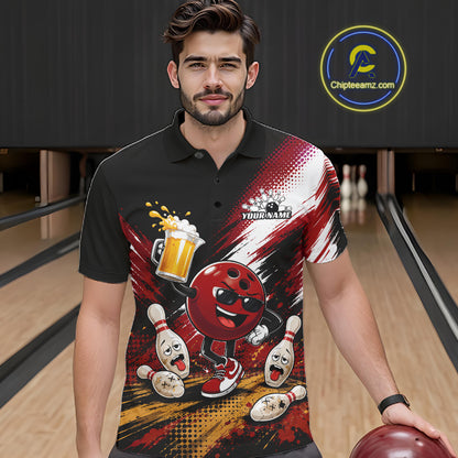 A man wearing a black short-sleeve polo shirt with a bold bowling-themed graphic print featuring a red bowling ball character, pins, beer, and a customizable name 