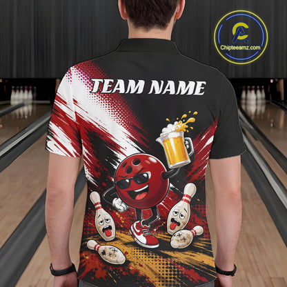 A person shown from the back wearing a black short-sleeve bowling-themed polo shirt with a large red, white, and yellow graphic print featuring bowling pins, bowling balls, and a beer mug. The shirt has 'TEAM NAME' printed across the upper back.