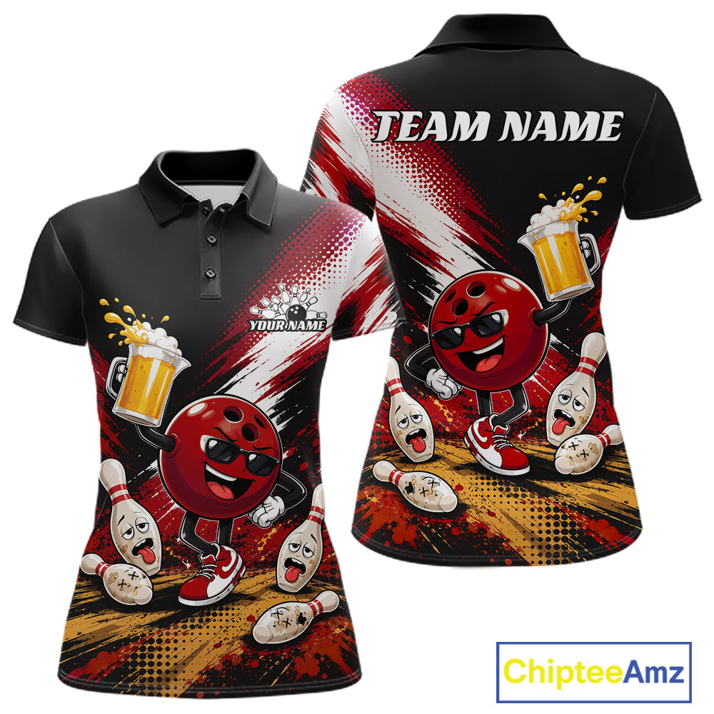 Customizable black womens short-sleeve polo shirt with a red and black bowling-themed all-over print, shown in front and back views. Features cartoon bowling balls and pins, beer mugs, and 'TEAM NAME' / 'YOUR NAME' text placeholders.
