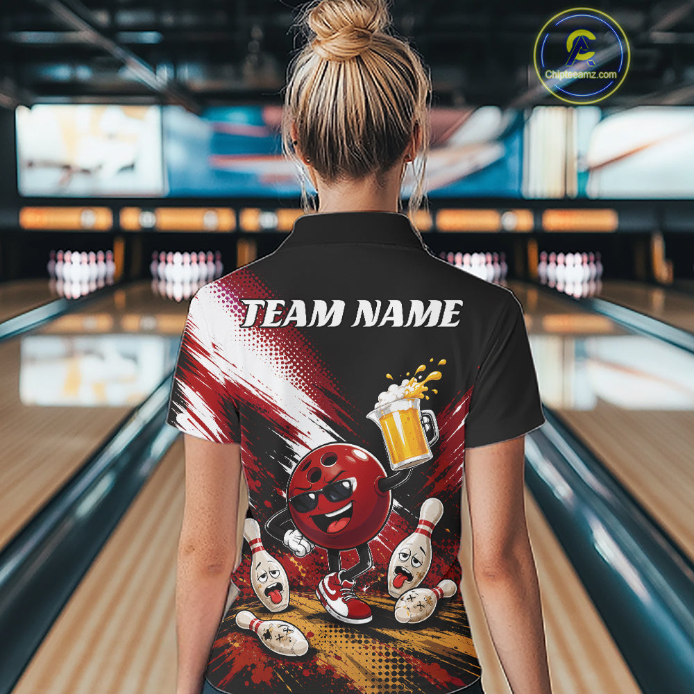 A woman viewed from behind wearing a black short-sleeve bowling-themed polo shirt with a colorful back graphic featuring a red bowling ball character, pins, bowling pins, and the text 'TEAM NAME'. 