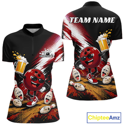 Customizable black and red bowling-themed womens quarter zip shirt shown from both front and back. The shirt features a cartoon bowling ball character holding a beer mug, scattered bowling pins, and placeholder text 'TEAM NAME' and 'YOURNAME'.