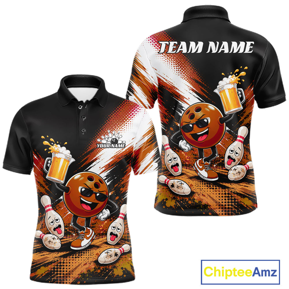 Front and back views of a black short-sleeve polo shirt with a bowling-themed cartoon graphic, including bowling balls, pins, mugs of beer, and customizable text areas reading TEAM NAME and YOUR NAME