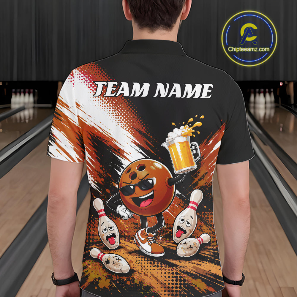 A person shown from the back wearing a black short-sleeve polo shirt with a large bowling-themed graphic on the back. The design includes a cartoon bowling ball character holding a beer mug, bowling pins, and the text 'TEAM NAME' 