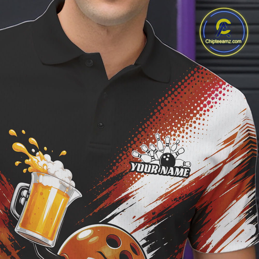 A close-up of a black short-sleeve polo shirt worn by a model, featuring a red, white, and black graphic design with a beer mug, bowling ball, and a customizable 'YOUR NAME' bowling pin logo on the chest.