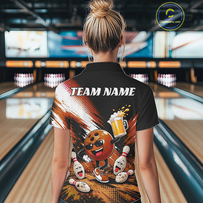 A woman viewed from behind wearing a black short-sleeve bowling-themed polo shirt with a large colorful back graphic featuring a cartoon bowling ball, pins, and the text 'TEAM NAME'. 