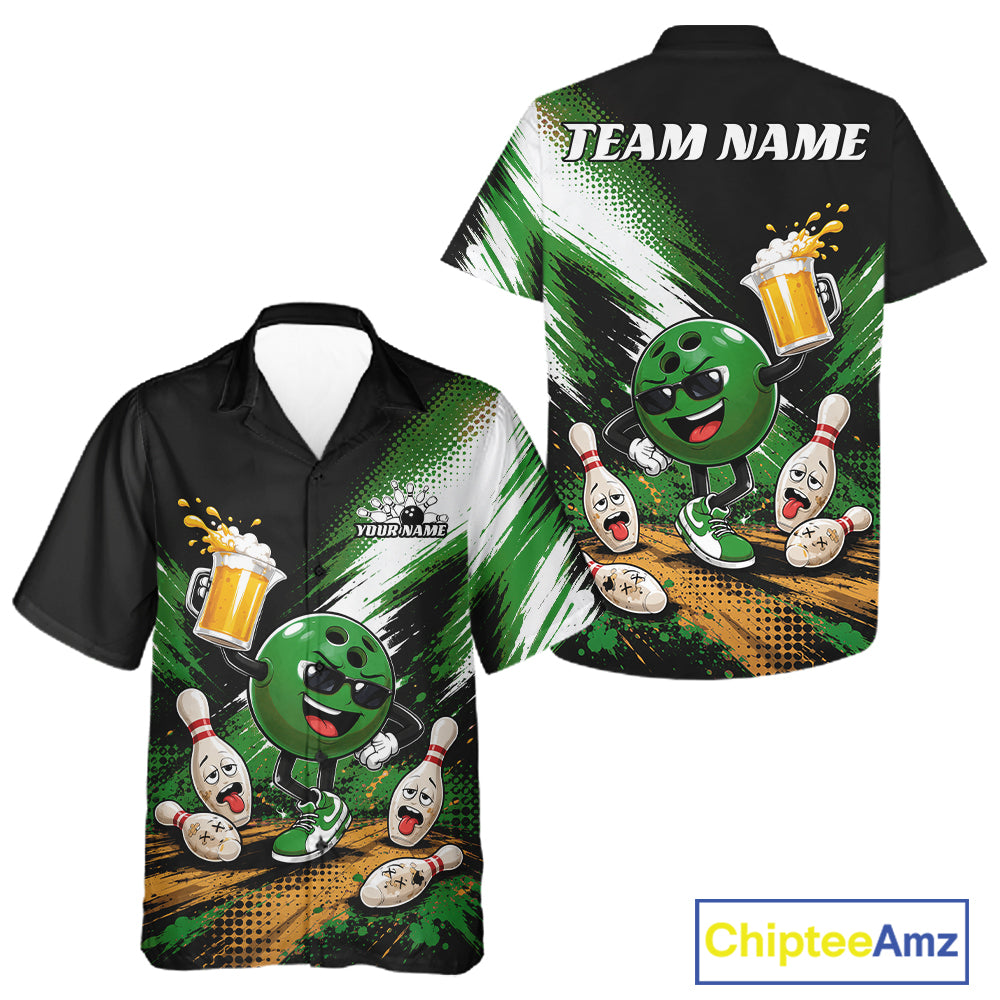 Custom short-sleeve button-up bowling-themed camp shirt shown in front and back views. The shirt features a green cartoon bowling ball character, bowling pins, bowling pins with beer mugs, and a green-to-black brushstroke background with 'TEAM NAME' printed on the back.