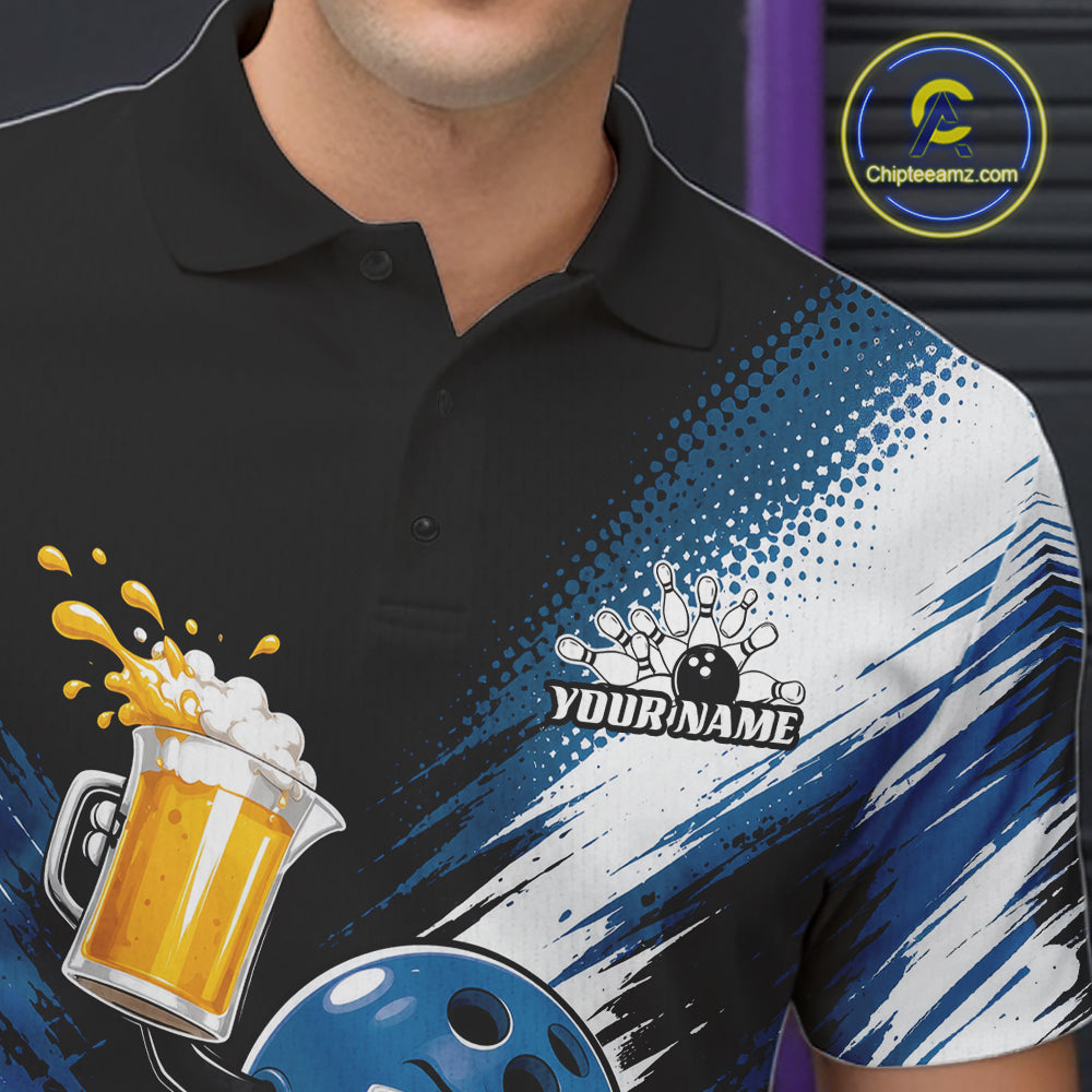 A close-up of a black short-sleeve polo shirt with a blue and white graphic design featuring bowling and beer splash illustrations, with a customizable name on the chest.