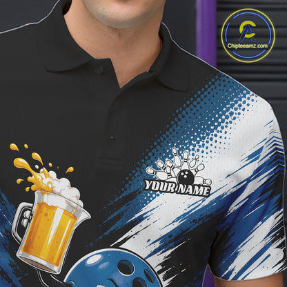 A close-up of a black short-sleeve polo shirt with a blue and white graphic design featuring bowling and beer splash illustrations, with a customizable name on the chest.