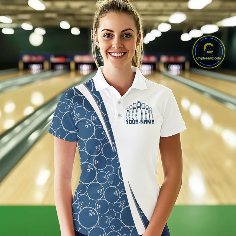 Black And Navy Blue Custom Retro Ladies Bowling Shirts, Classic Vintage Bowling Team Shirt IPHW7413