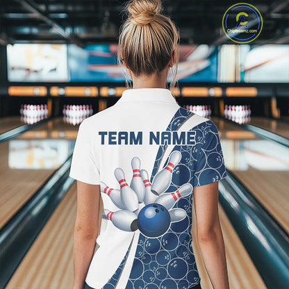 Black And Navy Blue Custom Retro Ladies Bowling Shirts, Classic Vintage Bowling Team Shirt IPHW7413