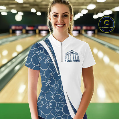 Black And Navy Blue Custom Retro Ladies Bowling Shirts, Classic Vintage Bowling Team Shirt IPHW7413